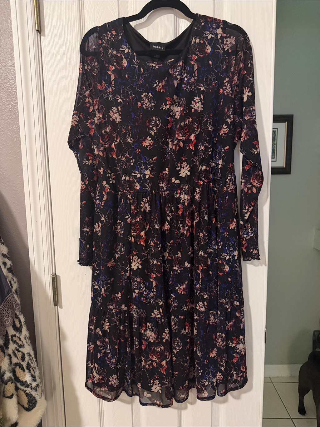 Torrid Black Floral Tiered Long Sleeve Dress